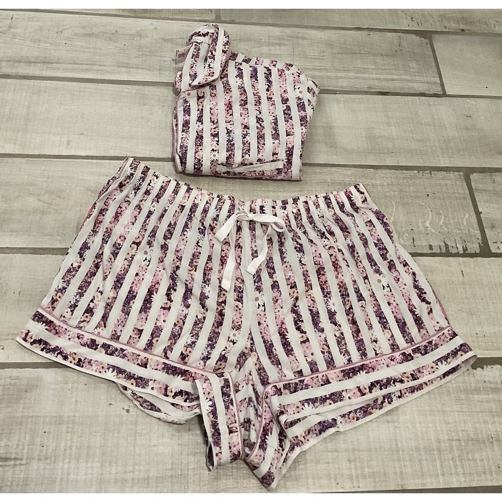 Victoria's Secret Pink Striped Satin Pajama 2pc Set L Large Short Sleeve  Shorts